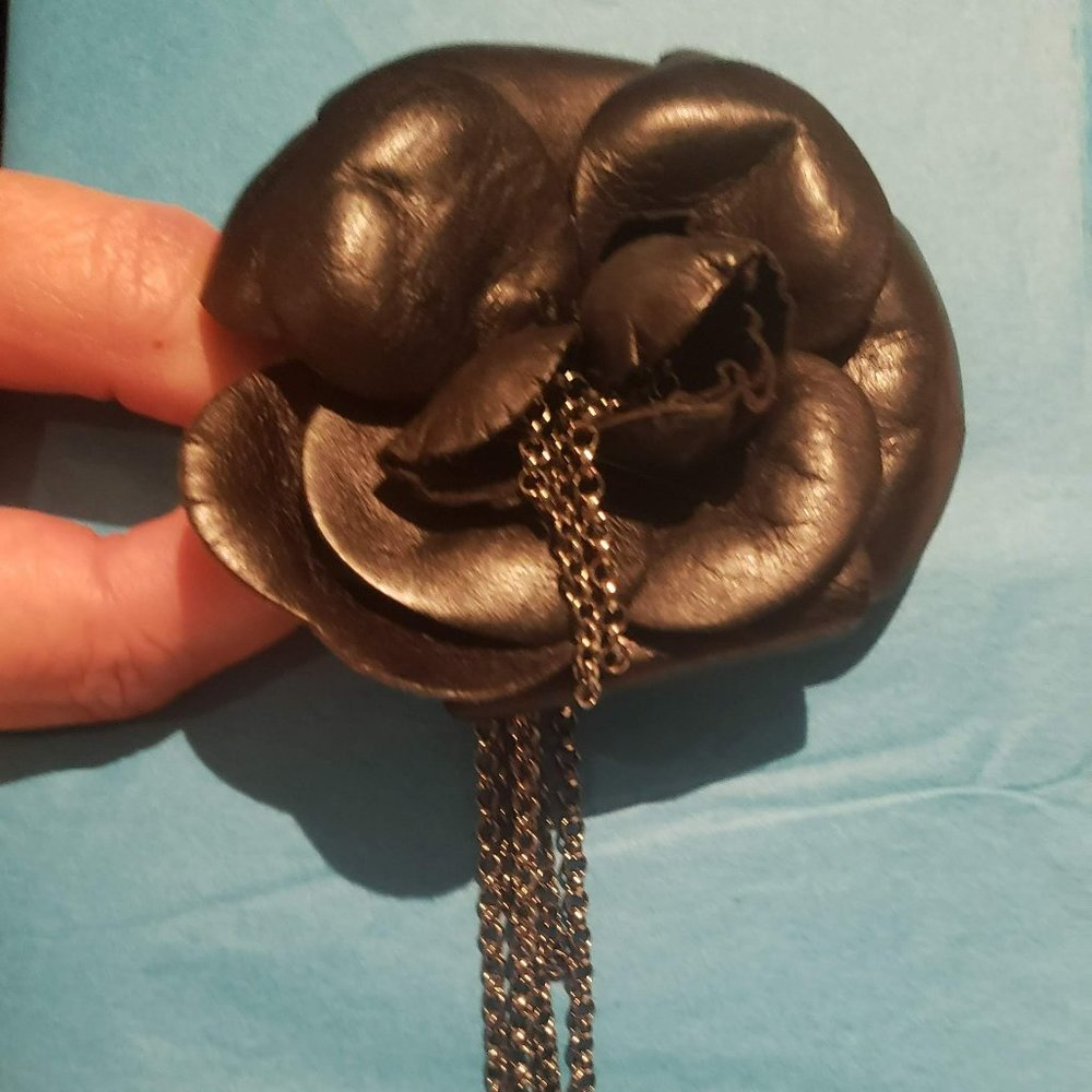 CHANEL Black Leather Camellia Brooch
